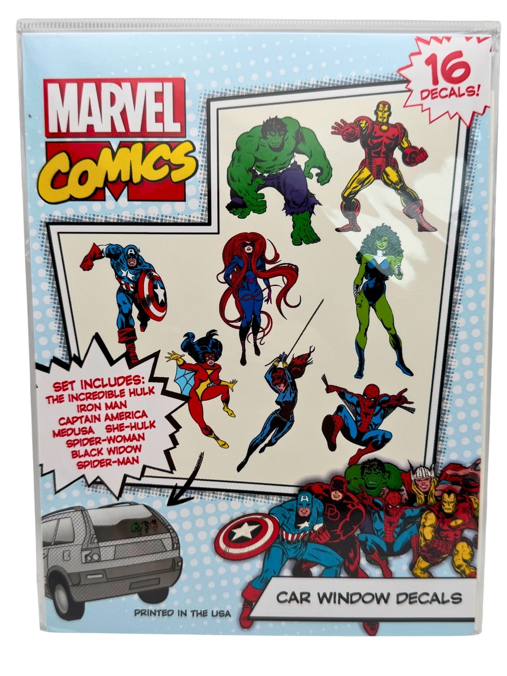 Marvel Comics 16 Car Window Decals Set Hulk Iron Man Spider-Man NEW Sealed